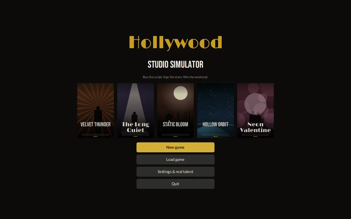 The game's main menu, with five generated film posters